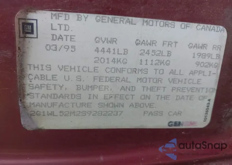 1995 Chevrolet Lumina из США, поврежденный, VIN 2G1WL52M2S9282237